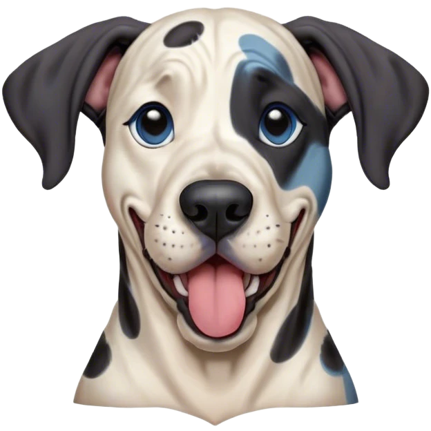 Cinematic Cute Yawning Harlequin Great Dane Portrait Emoji, Head tilted slightly with a dramatic, wide-open yawn, showcasing a smooth coat of predominantly white with bold black patches, floppy ears slightly drooping, round blue eyes barely open in drowsy contentment, Simplified yet irresistibly adorable features, highly detailed, glowing with a soft, cozy glow, high shine, relaxed yet expressive, stylized with a touch of whimsy, bright and endearing, soft glowing outline, capturing the essence of a sleepy yet affectionate guardian, so drowsy it feels like it could stretch out of the screen and curl up for a nap! emoji