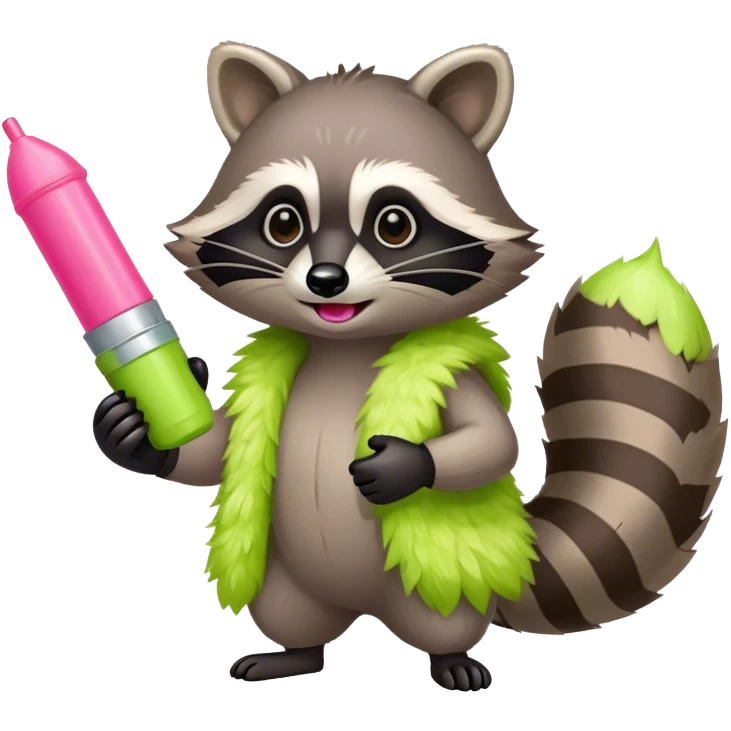 Raccoon wearing a lime green boa holding pink pepper spray emoji