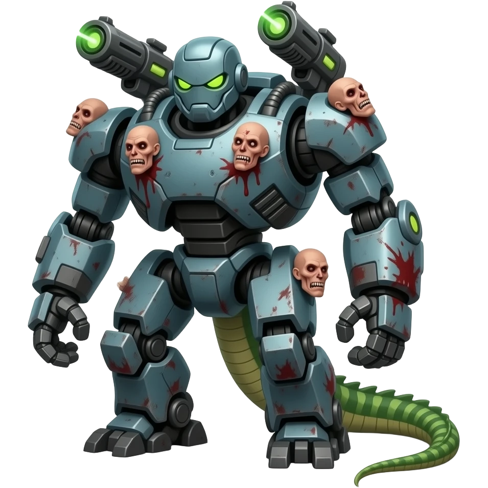 make a giant very scary robot with laser blasters on his back with small bits of blood and human flesh heads on his body with a lizard tail emoji