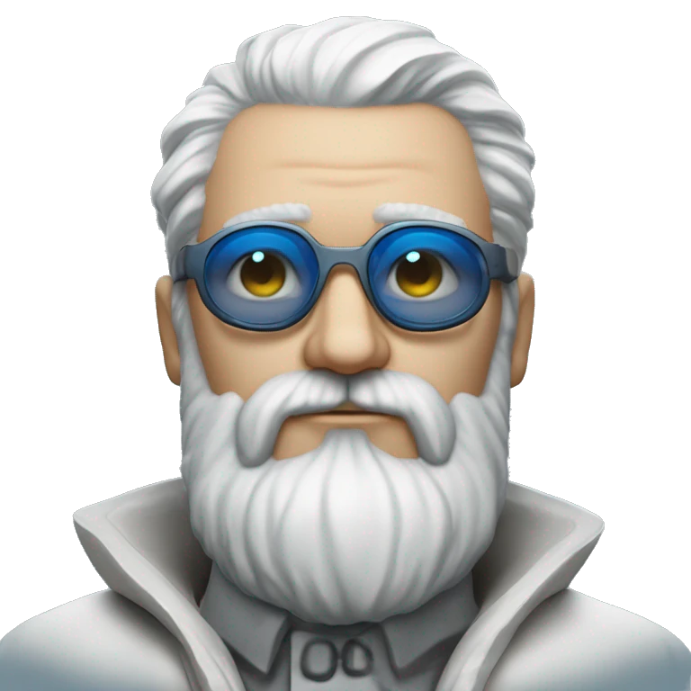 Homme grande barbe blanche chauve yeux bleu lunette et manteau cyberpunk emoji