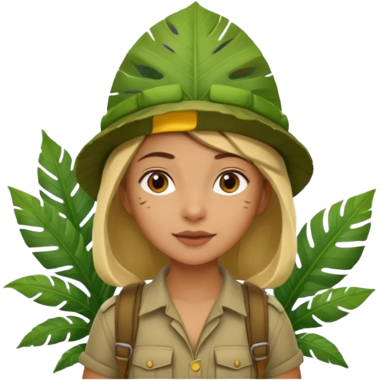 a young female explorer with jungle wearing a large leaf headgear bye  emoji