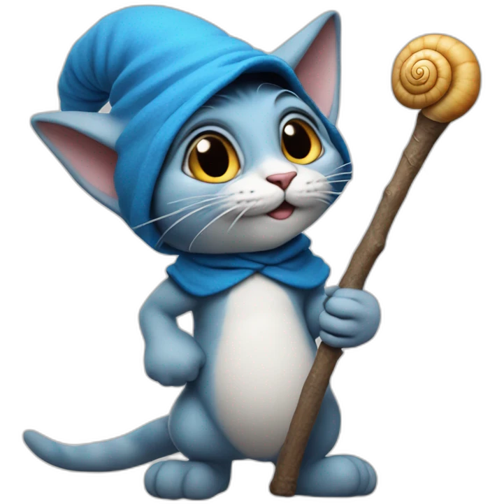 Hyper-realistic Smurf as a cat with a huge stick with a huge snail on the end of it emoji
