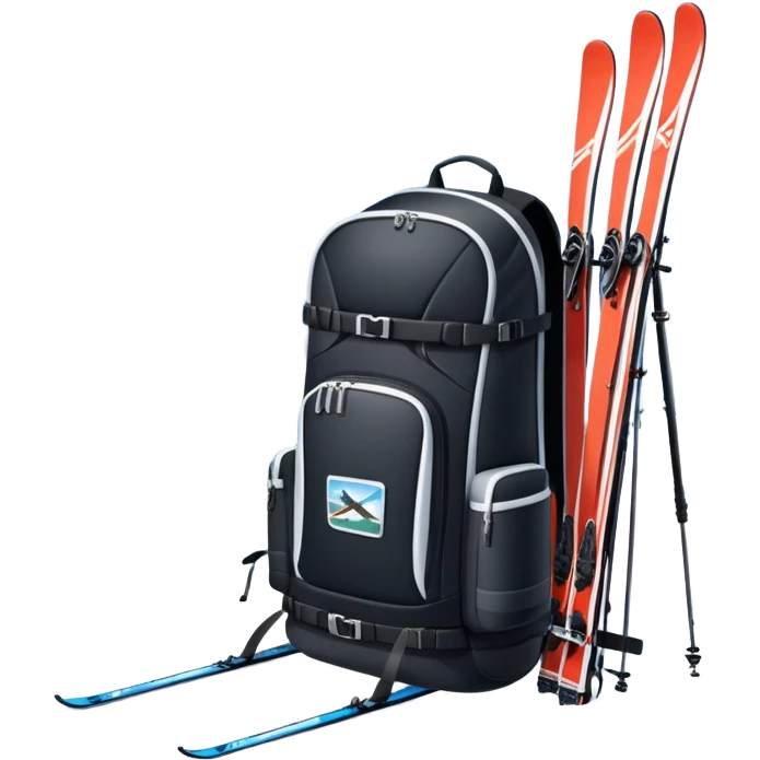 An icon showing a close-up of a biathlon backpack, a pair of skis, and a biathlon rifle resting against snow. In the background, a beautiful winter landscape with snowy trees and mountains under a clear sky. Transparent background reflects the sport’s precision and rugged endurance. emoji