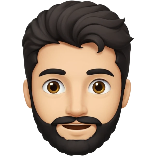 young fair skin Pakistani man smiling with black beard, wavy hair pushed back and squinted eyes and thick eyebrows emoji