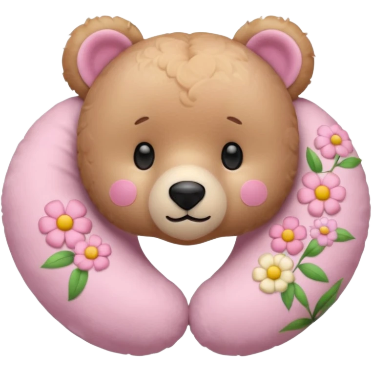 pink teddy bear, floral neck pillow with pastel flowers, iPhone emoji style, iconic emoji look emoji
