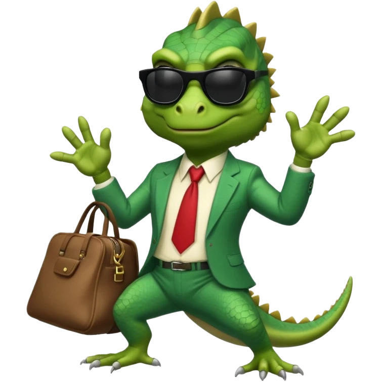 capitalist iguana banker godfather with black sunglasses breakdance with bag emoji