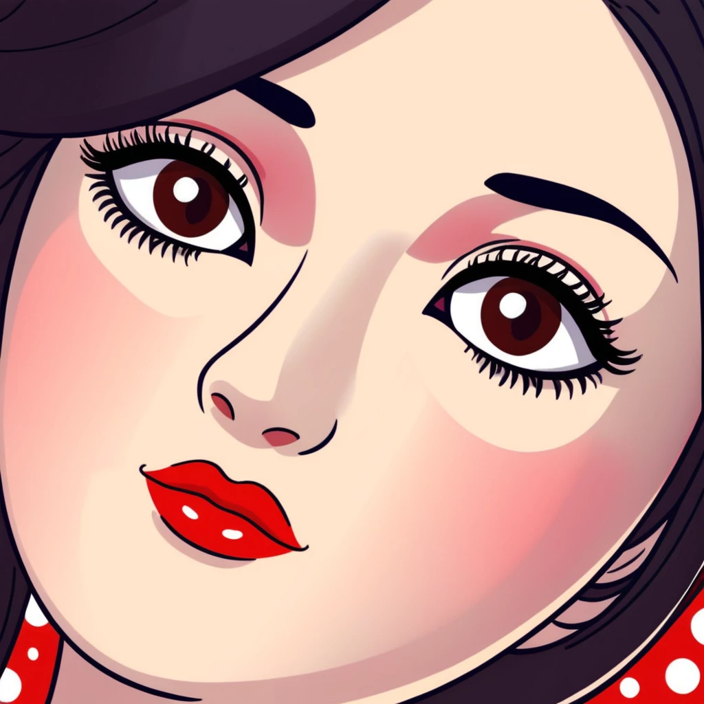White girl with long oval shaped face, large almond shaped eyes with long eyelashes, long straight black hair falling in front of her bare shoulders, face closeup, with intricate patterned red and white gopi dots in a decorative design above eyebrows emoji