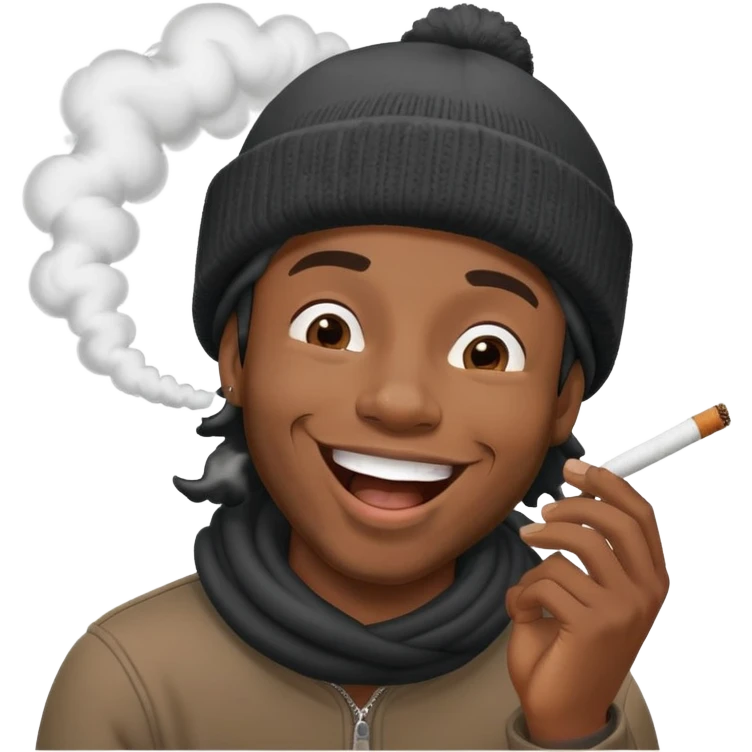 black male, beanie hat, laughing, joint in hand, smoke swirl emoji