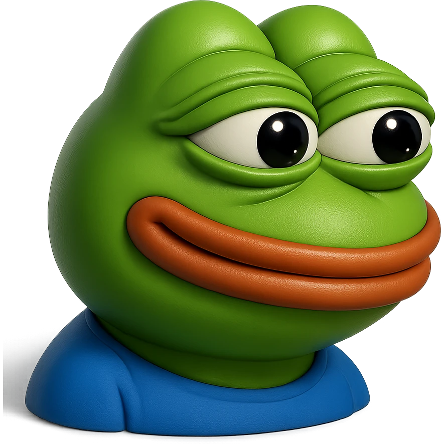 make a pepe in bright green smiling with thought bubble looking at right side in 3d style, good highlights and shadows, drop shadows  emoji