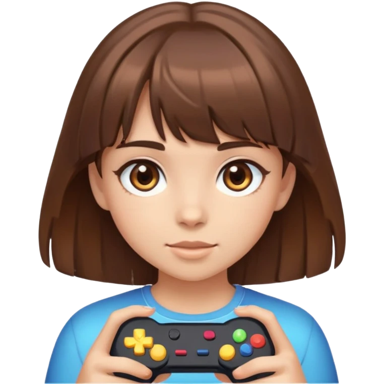 uma menina gamer de cabelo marrom e olhos marrom  o cabelo e medio e com franja jogando video game emoji