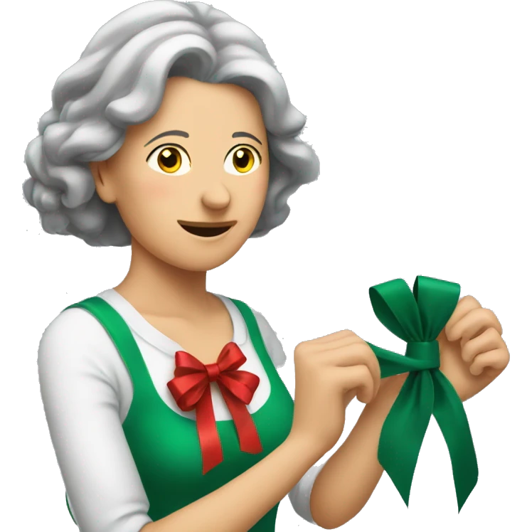 Middle aged woman learning how to tie a Christmas bow emoji