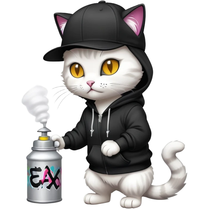 cat wearing a black snapback cap and black hoodie doing graffiti art with spray paint, street art style emoji