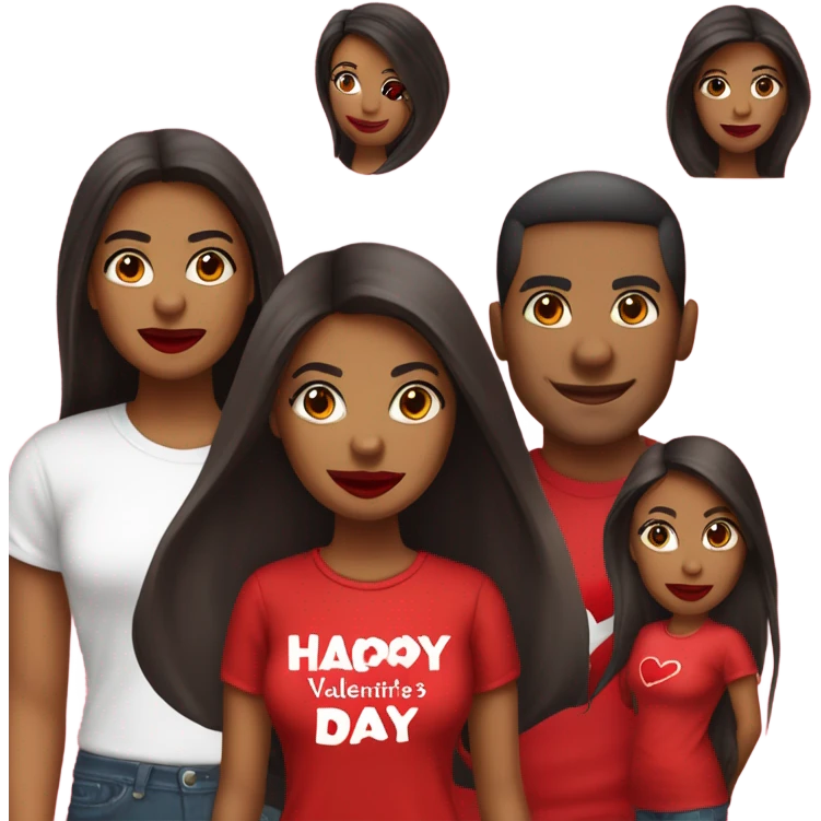 brown lady, dark brown long straight hair, red lips, eyelashes, wearing red “happy Valentine’s Day” t shirt emoji