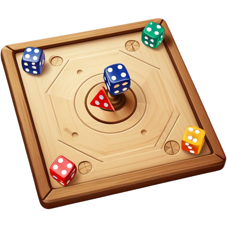 A photorealistic icon featuring a wooden board with a variety of game pieces, dice, a spinning top, and a set of colorful tokens. The design includes a rich, detailed texture of the board and game pieces, capturing the fun and strategy of different tabletop games. Transparent background. emoji