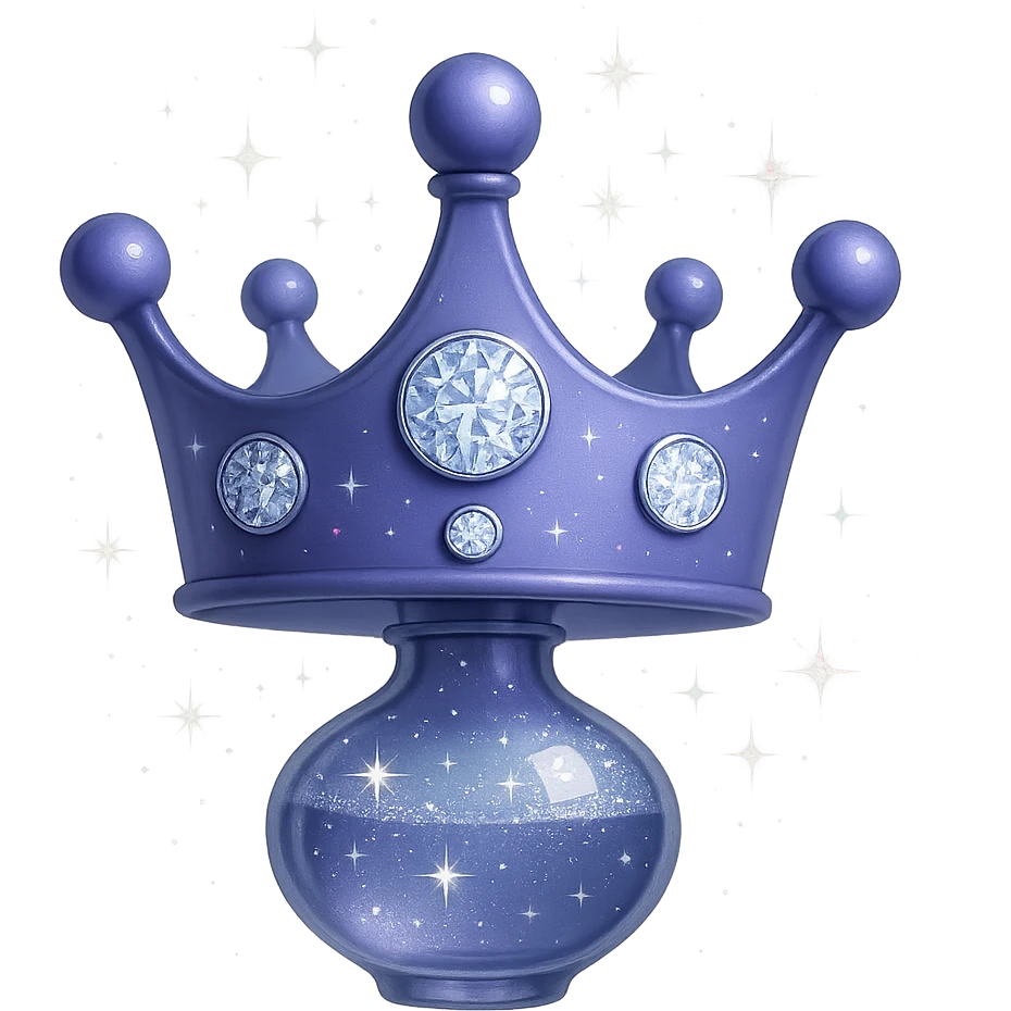 Edit the crown to become a small, elegant elixir bottle while keeping the crown shape and color #7986cb. The bottom merges into a bottle/flask shape. Add silver and holographic details with magical sparkles. The bottle should have a very small neck, seamless bottom, floating in air, transparent background, no base or shadow, modern style, luxury collection style. emoji