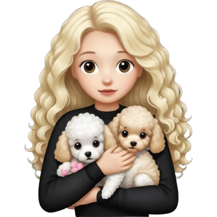 blonde girl with long hair in a black sweater holds a Poodle puppy in her arms emoji