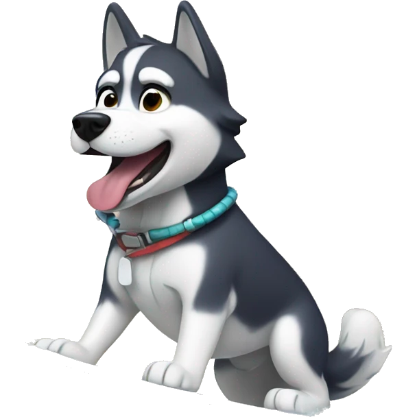 a husky dog surfing with palm trees in the back emoji
