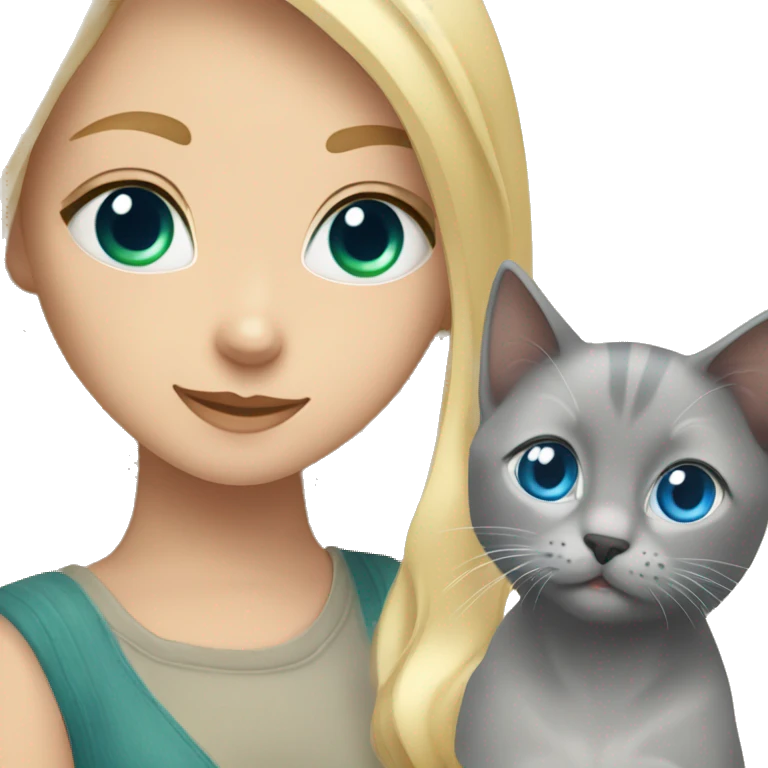 blue eyes grey kitten and green eyes blonde girl are friends emoji