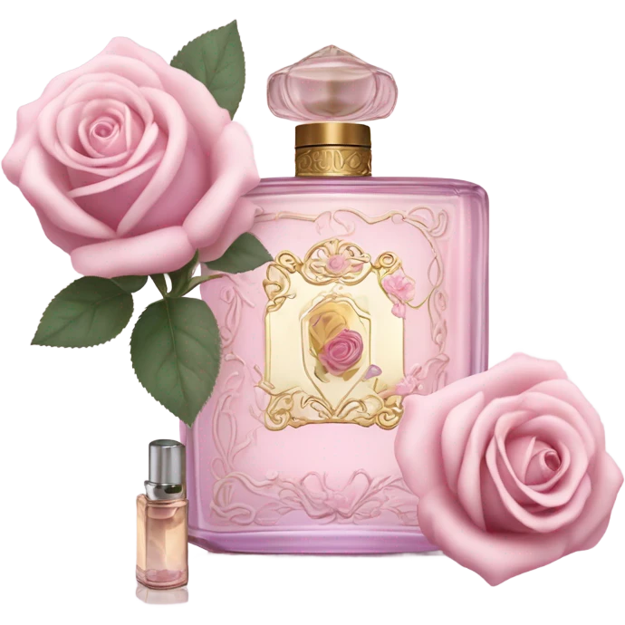 Aesthetic composition of soft pink roses with a vintage-style purple perfume bottle.
 emoji