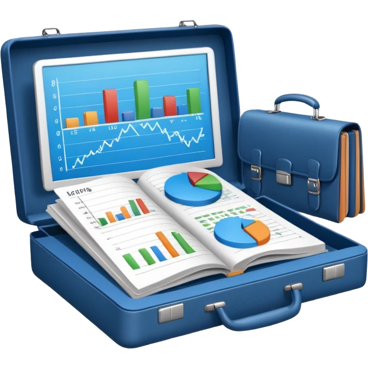An open book with a graph and financial charts, a briefcase, a calculator, and a laptop nearby. The icon should represent the world of business, finance, and professional growth. Blue color scheme. emoji