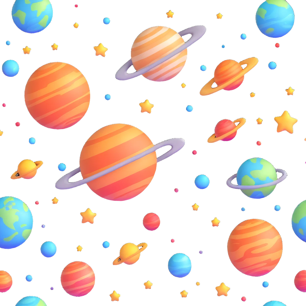 Colorful planets and stars floating in space, white background, bright colors, lively atmosphere emoji