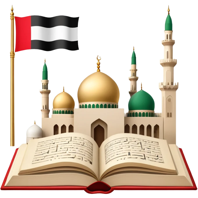 An icon featuring the mosque and the flag of United Arab Emirates, symbolizing the Arabic language. The design includes an open book with Arabic script and calligraphy, representing language learning and cultural heritage. Transparent background emoji