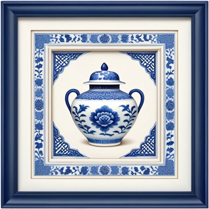 Cinematic Realistic image of exquisite blue and white porcelain, rendered with delicate, intricate patterns and fine textures, showcased against a classic Chinese backdrop with soft, refined lighting emoji