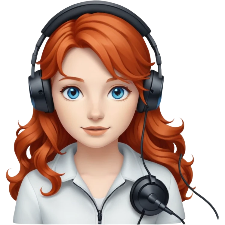redhead girl with long wavy hair with black gaming headset and blue eyes emoji