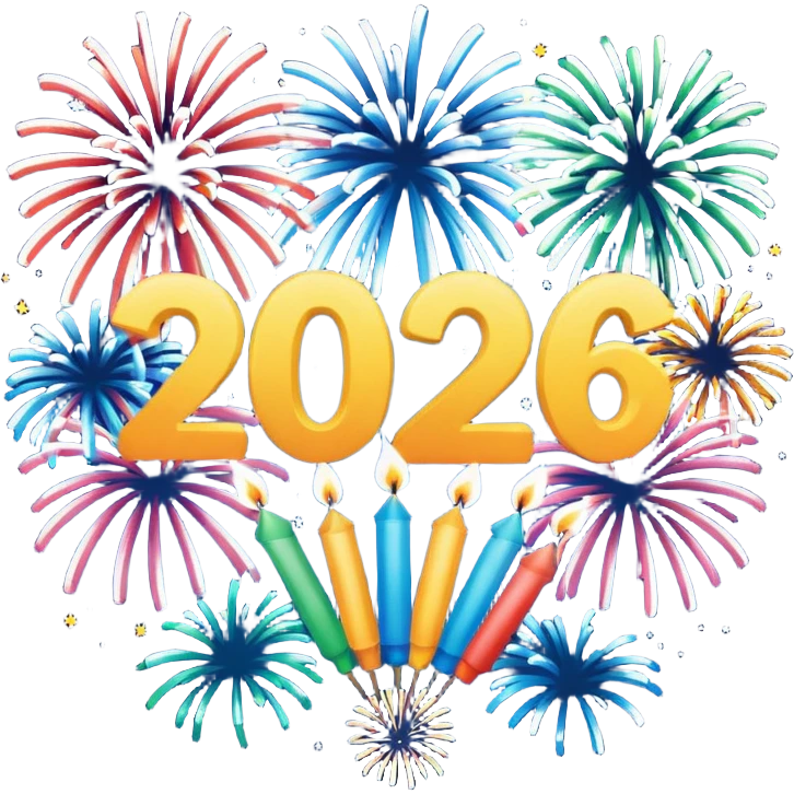 "Happy 2026" in backdrop of colourful fireworks in outline artwork emoji