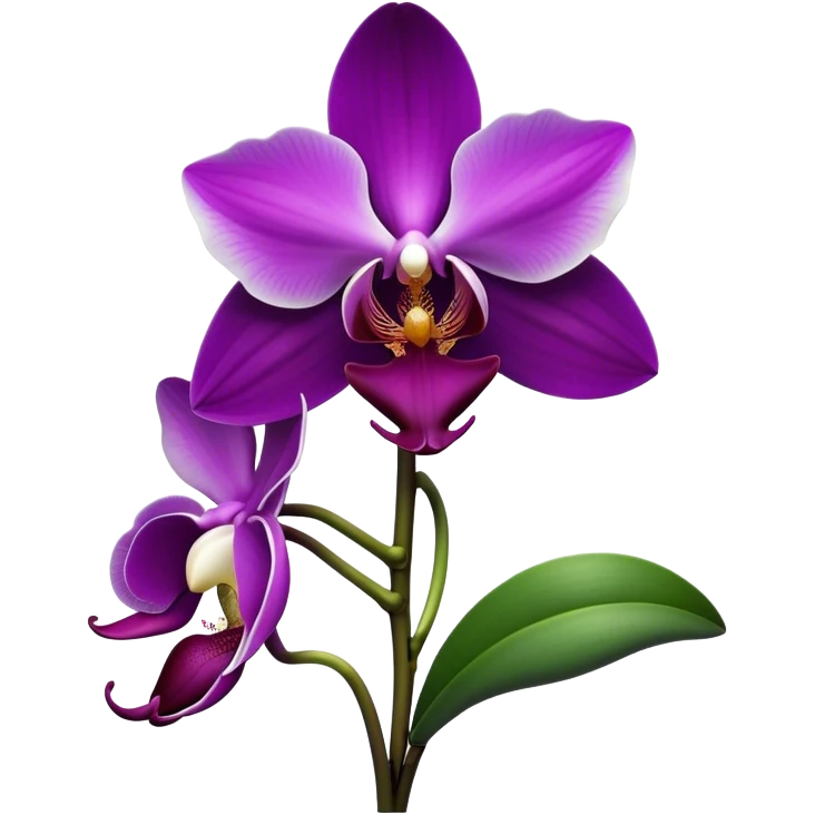 Cinematic Realistic Orchid Emoji, Exotic and elegant, with intricate, velvety petals in deep purple and white, forming a delicate and symmetrical blossom. The slender green stem holds the flower high, while surrounding leaves add lush contrast. Soft glowing outline, capturing the essence of rare beauty and sophistication in a captivating orchid. emoji
