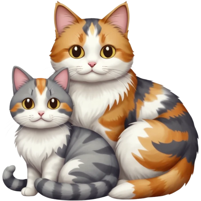 full body colourful light patched calico + white tabby cat cuddling a large grey and white cat  emoji