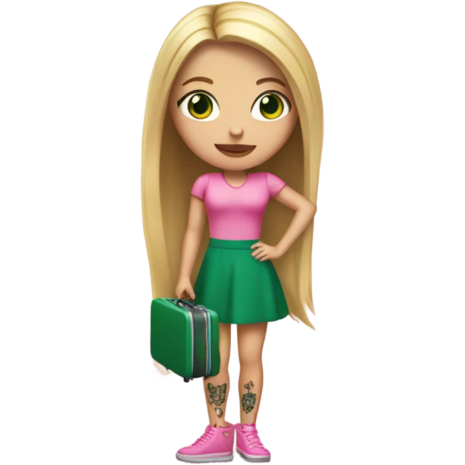 Realistic White girl with Long straight blonde hair and green eyes, tattoos, full body wearing pink dress, holding pink luggage emoji