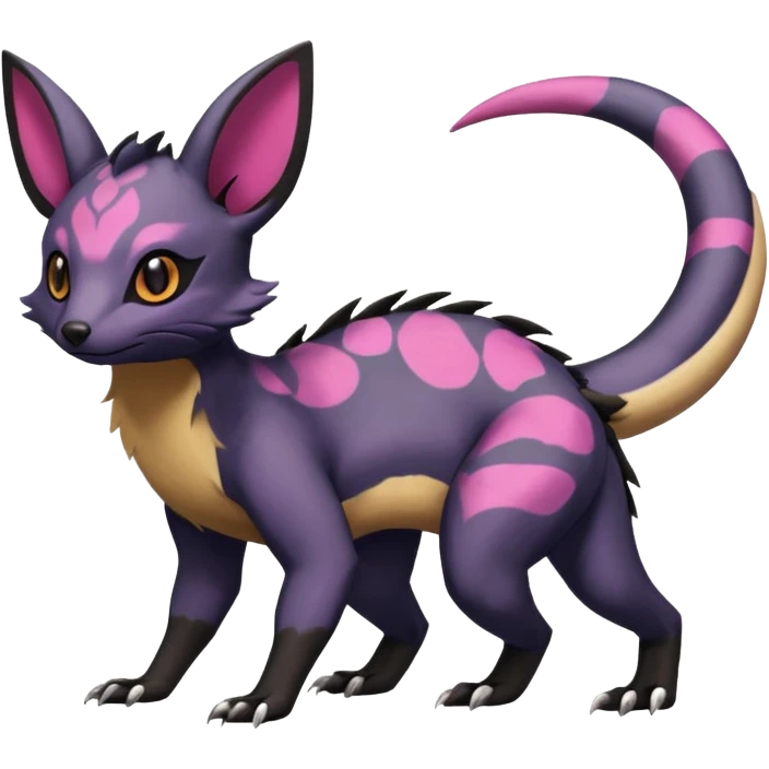 Rare epic aesthetic colorful Salandit-Noibat-Eevee-Civet-species-Fakemon-hybrid-creature, with markings, full body emoji