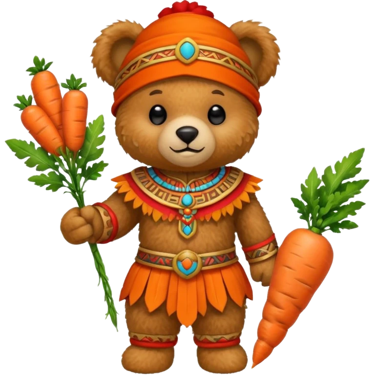 teddy bear Upper with carrot , wearing red mayan ancient custome, half body emoji