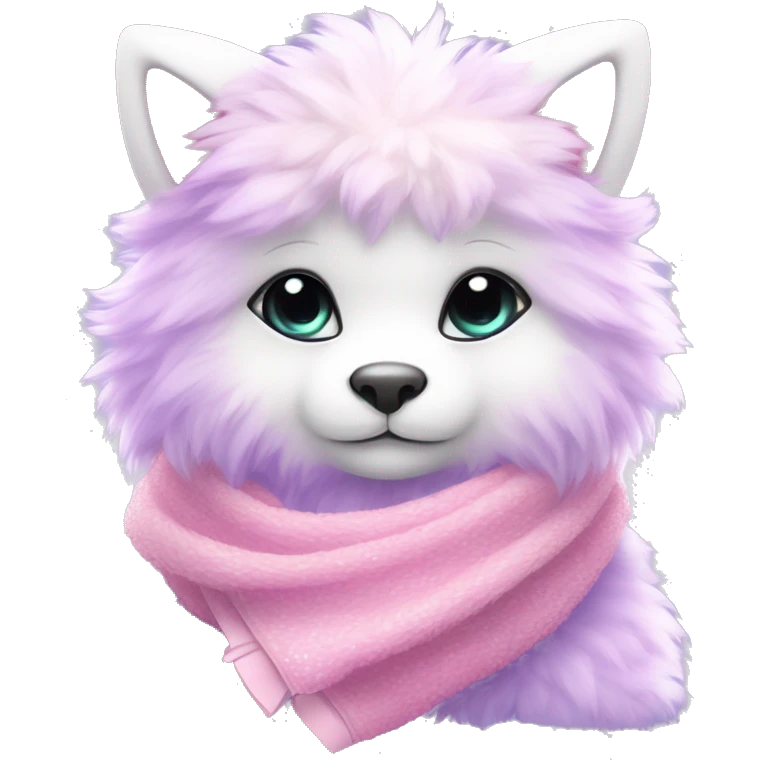 Edgy Kawaii cute gorgeous colorful sparkly bright light pastel lilac-pink-white-gradient fantasy ethereal fluffy fursona animal creature with a cute scarf full body emoji