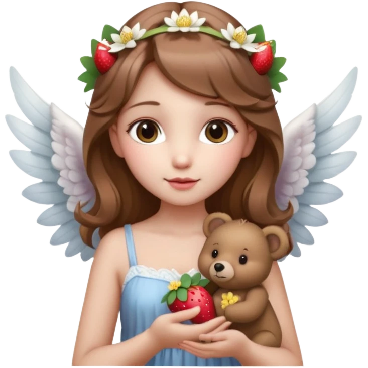 یه دختر زیبا با موهای قهوه ای روشن که مثل یک فرشته است و تازه متولد شده به همراه گل نیلوفر لای موهاش بالای گوشش و همراه با نیلوفرهای آبی و یک گل نیلوفر ترکیب شده با توت فرنگی در دست راستش. لباسش تصویر خرس داشته باشه روس emoji