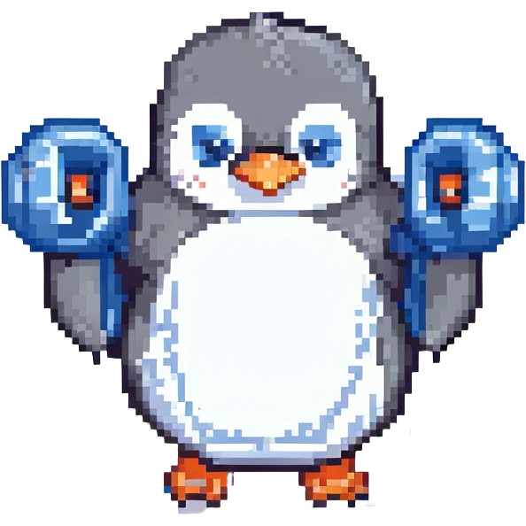 penguin lifting weights, pixel art style emoji