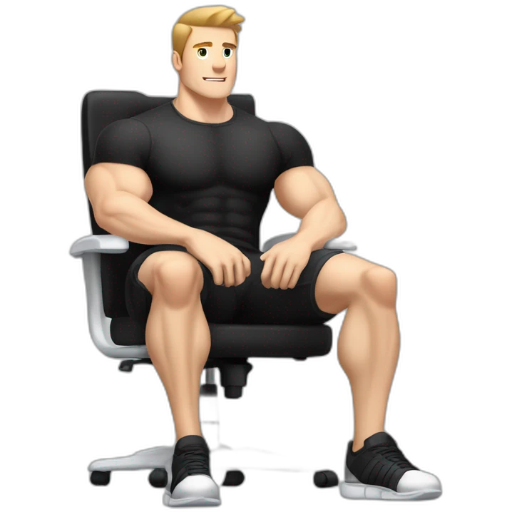 Pale skinned Fit Man With the biceps and dark brown hair in black shirt, gray sports shorts and white Sneakers Sitting on a chair emoji