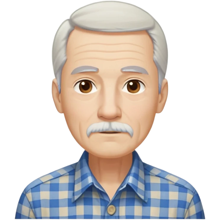 Thin elderly man with light skin. Elongated face with kind expression. Light brown eyes. Thin eyebrows. White goatee and white mustache. Very long, straight fine gray-white hair that reaches shoulders, with some bangs. Slim build. Wearing a blue and beige checkered button-up shirt. emoji