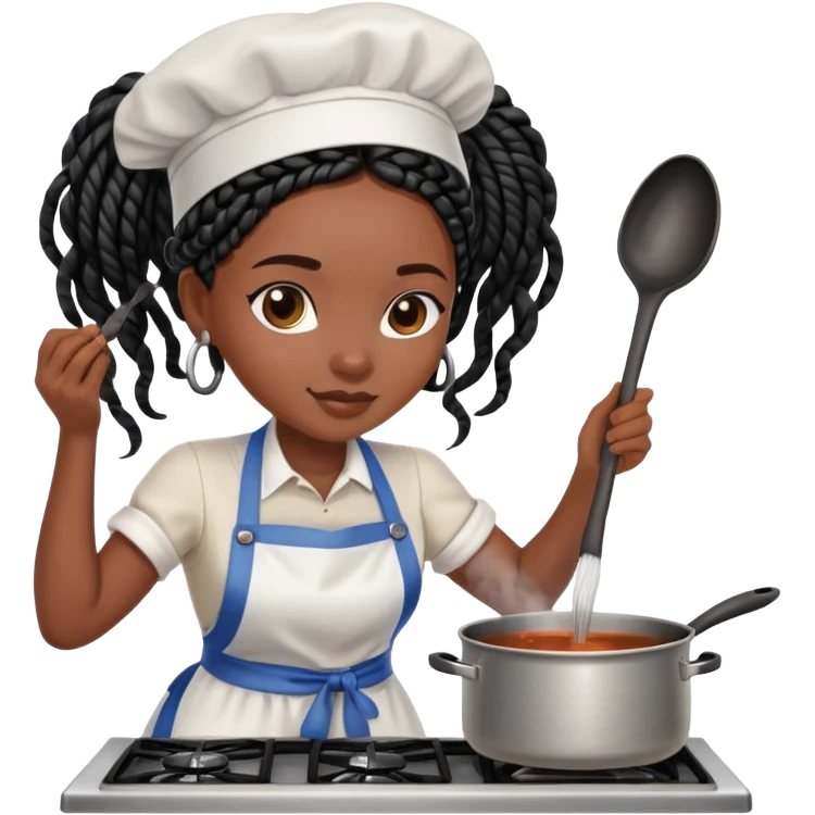 A dark-skinned Black woman with black box braids, wearing an apron, stirring a pot on the stove. emoji