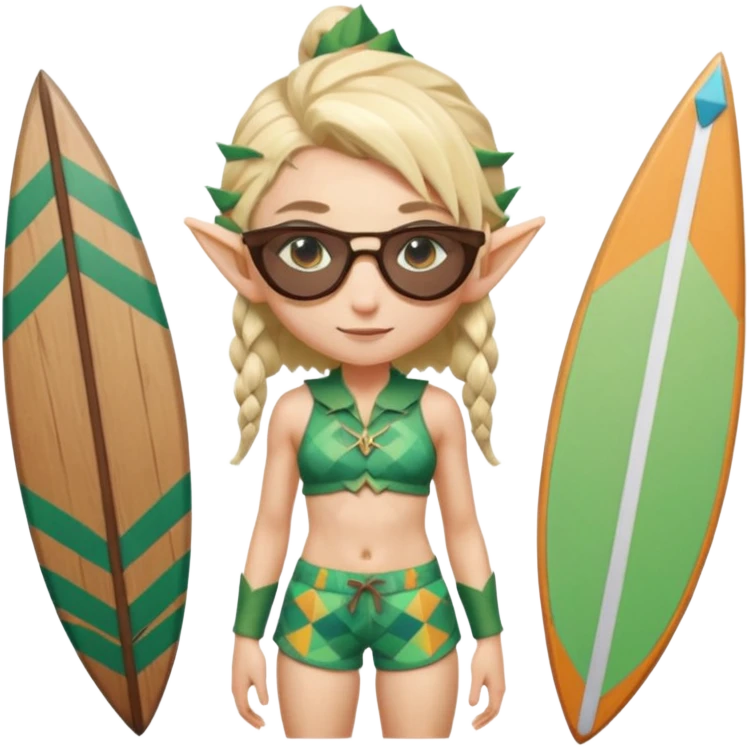 elf female legolas portrait, patterned board shorts (geometric/abstract), unique wooden-framed sunglasses, undercut hairstyle, slight smirk, visible pointy ears, no background, centered emoji, hipster summer vibe coctails emoji