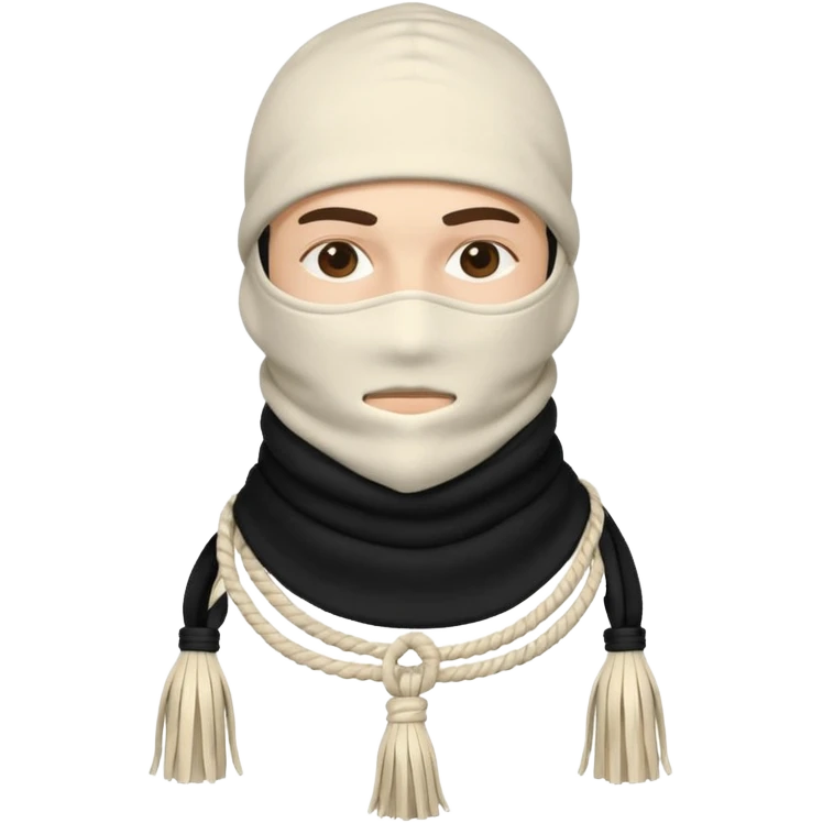 Ultra-detailed studio shot of a post-apocalyptic off-white balaclava — deconstructed, frayed, layered, with braided rope tassels and subtle embroidery. Minimalist white background, soft lighting, sharp focus. High-fashion streetwear aesthetic. emoji