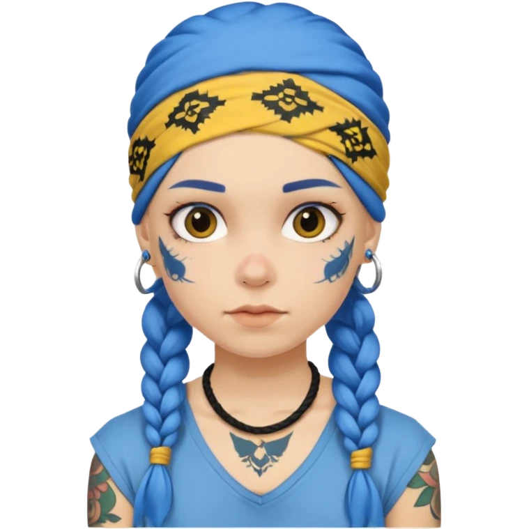 blue braided hair with yellow head bandana and lots of face tattoo girl emoji
