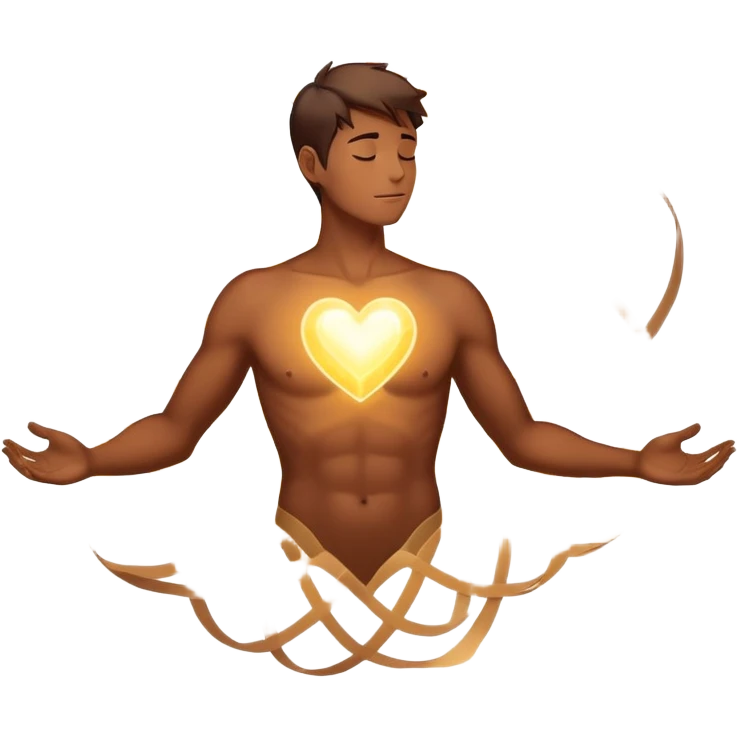 luminous male silhouette surrounded by flowing interconnected lines and softly glowing orbs with radiant core at head and heart emoji