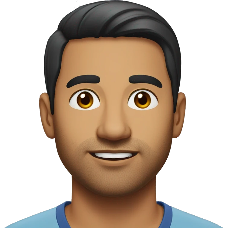 A head and shoulders shot of a 34 year old South Asian man, with short black hair,   with brown eyes wearing a t-shirt. emoji