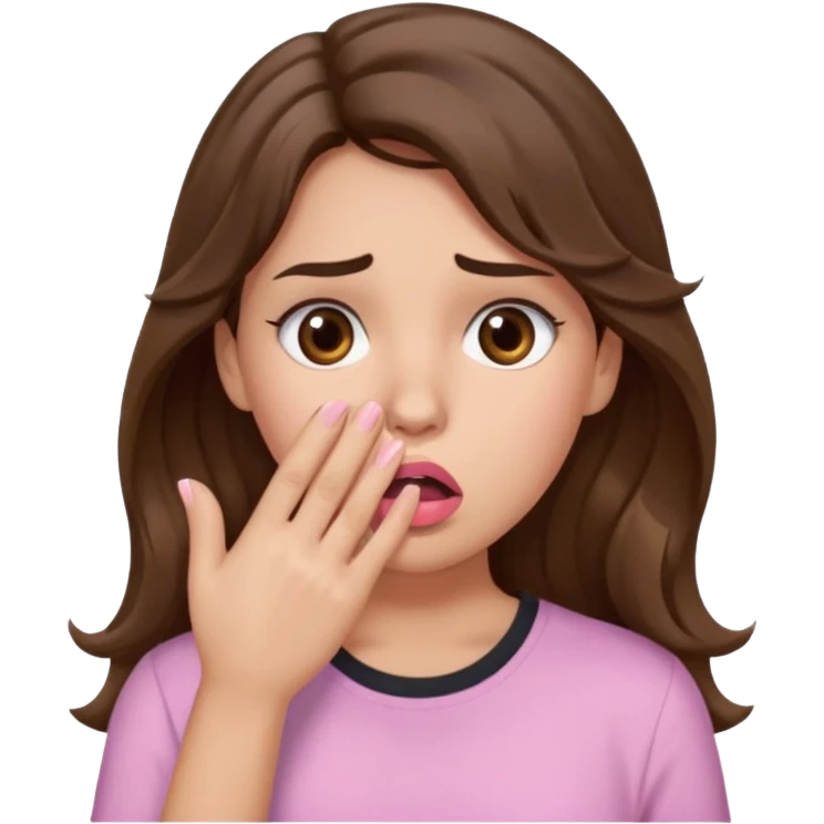 girl with wavy long brown hair, brown eyes, light to medium complexion, long lashes, light pink lipstick, wearing light pink shirt, shocked, hand covering mouth emoji