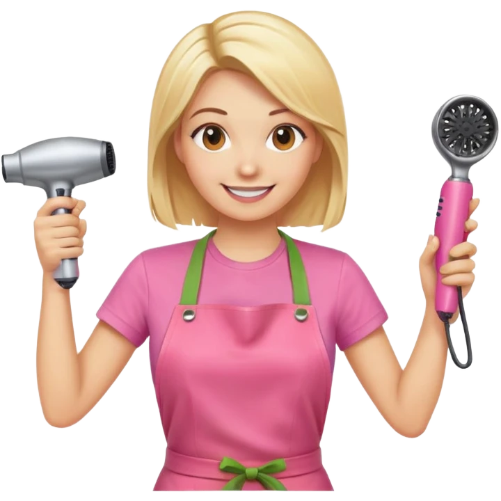 smiling blonde woman hairstylist wearing pink t-shirt and orange apron, hands raised, holding scissors and hairdryer clearly visible emoji