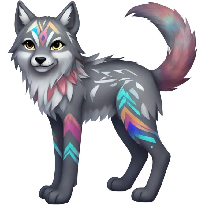 Fionbri-Falvie-sparkle-greywolf-sona with shiny colorful tribal markings full body emoji