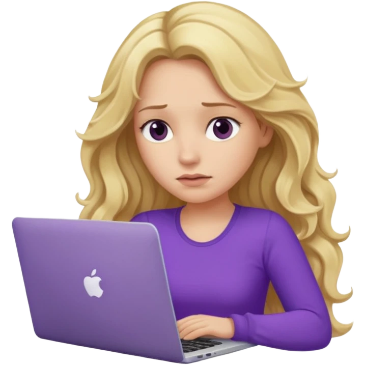 lady with long blonde wavy hair, purple top throwing her with a laptop looking tired emoji