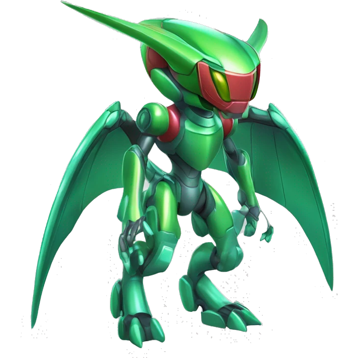 a shiny metallic Genesect-Flygon-Raptor-Fakémon-Medabot-hybrid with a futuristic visor-helmet full body emoji